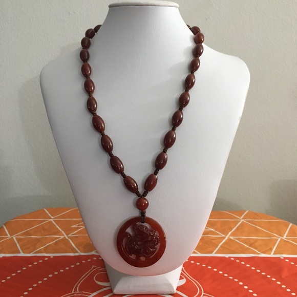 Carved Dragon Asian Natural Carnelian Necklace - Picture 3 of 12